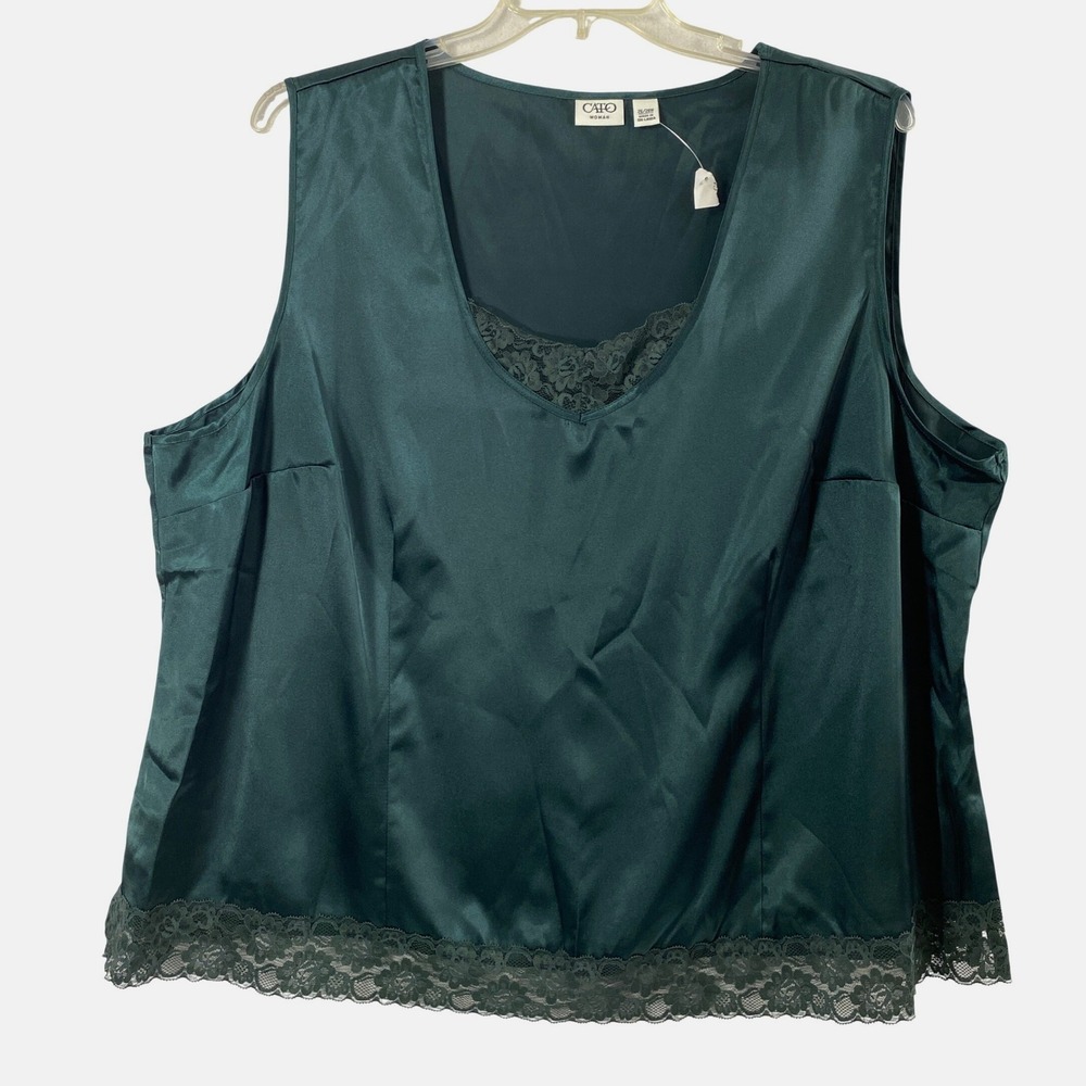 Catos Satin Top Woman Plus Sz 26 28W Dark Green Lace Trim V Neck Sleeveless Tank